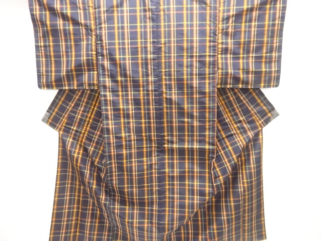 JAPANESE KIMONO / ANTIQUE KIMONO ENSEMBLE / SILK / YONEZAWA TSUMUGI / WOVEN GRID